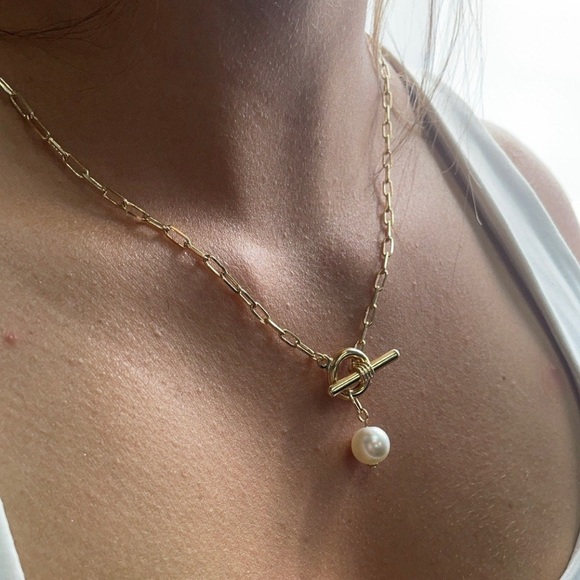 444 Style Jewelry - Paper Clip Necklace Lariat with Pearl Toggle closure | 18k Gold Filled